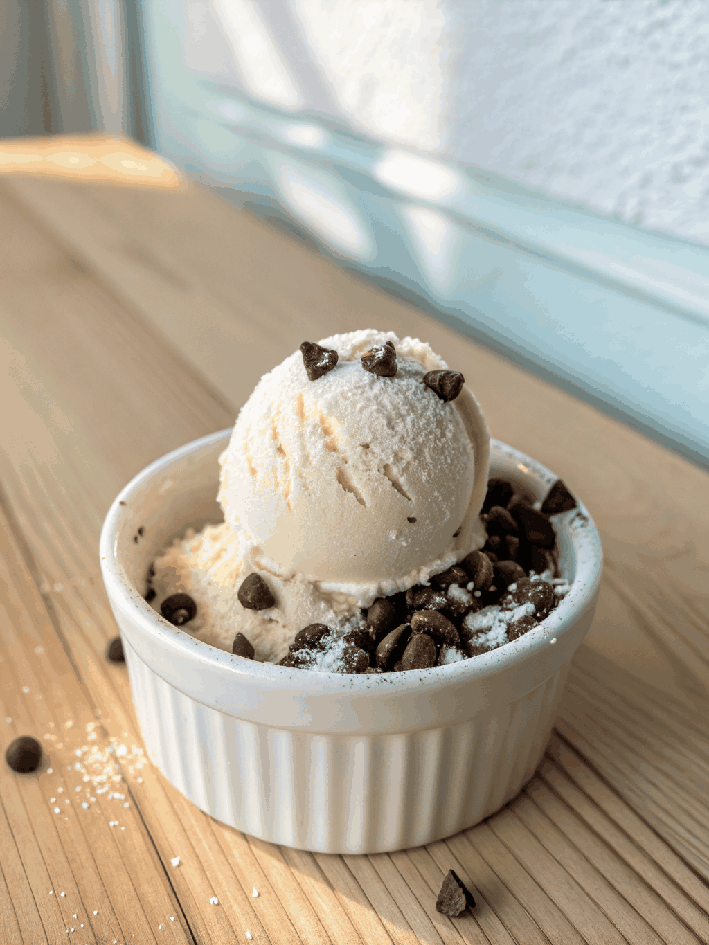 Minimalist close-up of artisanal ice cream in a sleek bowl